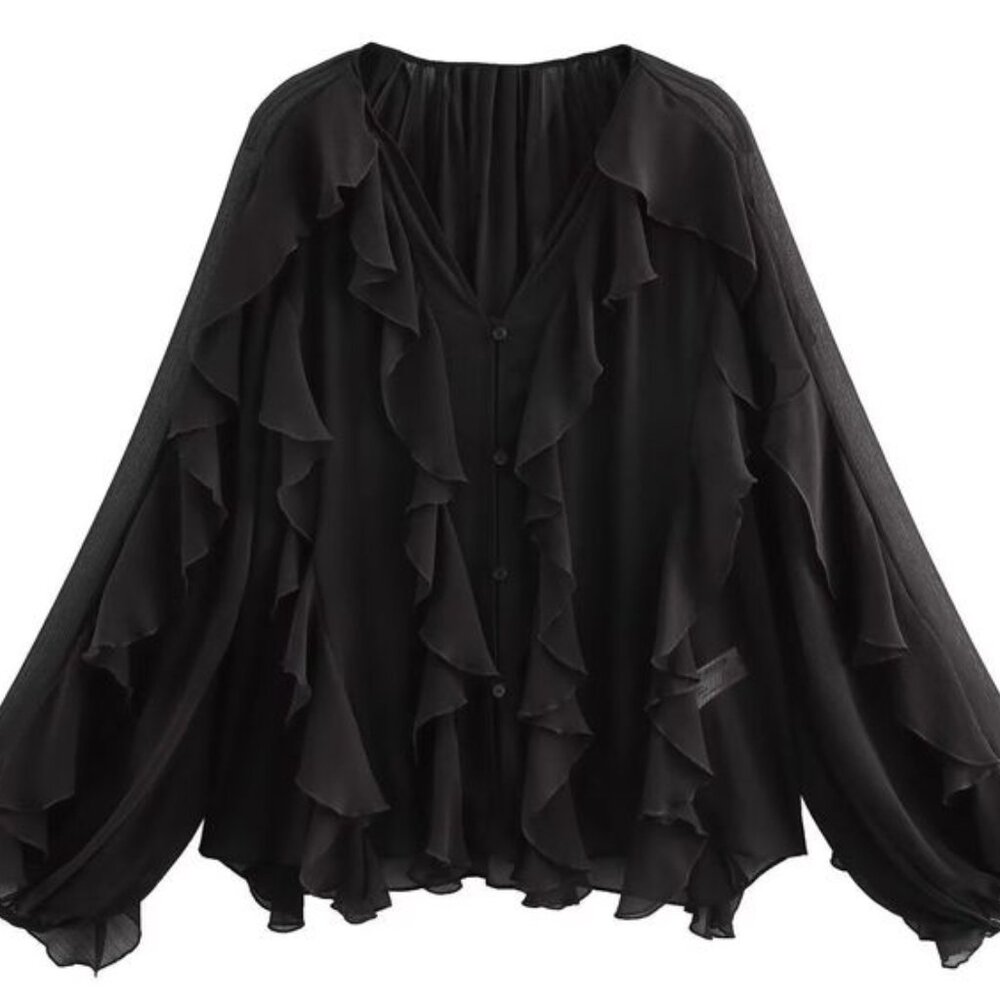Black Ruffled Button-Up Blouse L 105